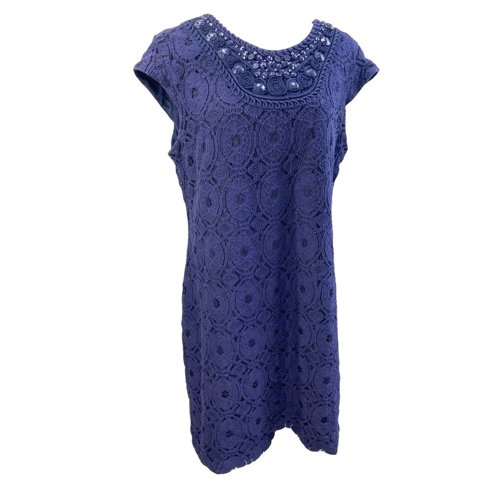 Dressbarn Womens 14 Blue Lace Shift Dress Beaded Scoop Neck Cap Sleeve Party